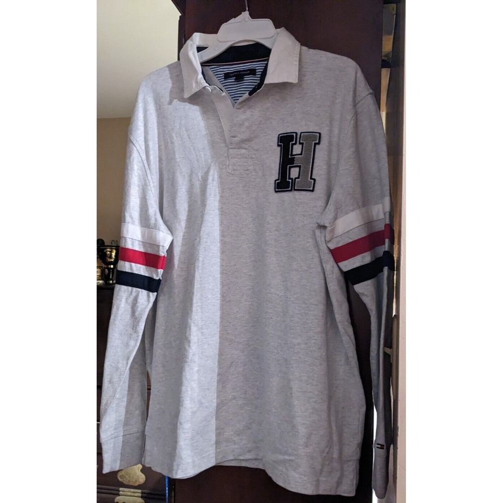 Vintage Tommy Hilfiger Long Sleeve Polo Shirt Mens Large Gray Striped 90s Rugby
